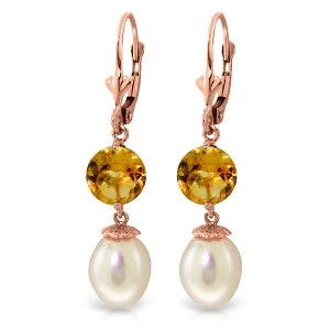 modern sleek crest ridge earrings-11.1 Carat 14K Solid Rose Gold Elegance Pearl Citrine Earrings