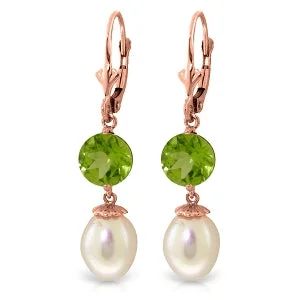 distressed rose stack earrings-11.1 Carat 14K Solid Rose Gold Elegance Pearl Peridot Earrings