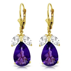 modern contoured drop earrings-13 Carat 14K Solid Yellow Gold Leverback Earrings Amethyst White Topaz