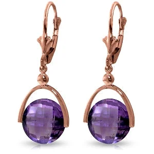 polished silver tier earrings-14K Solid Rose Gold Leverback Earrings w/ Checkerboard Cut Amethyst