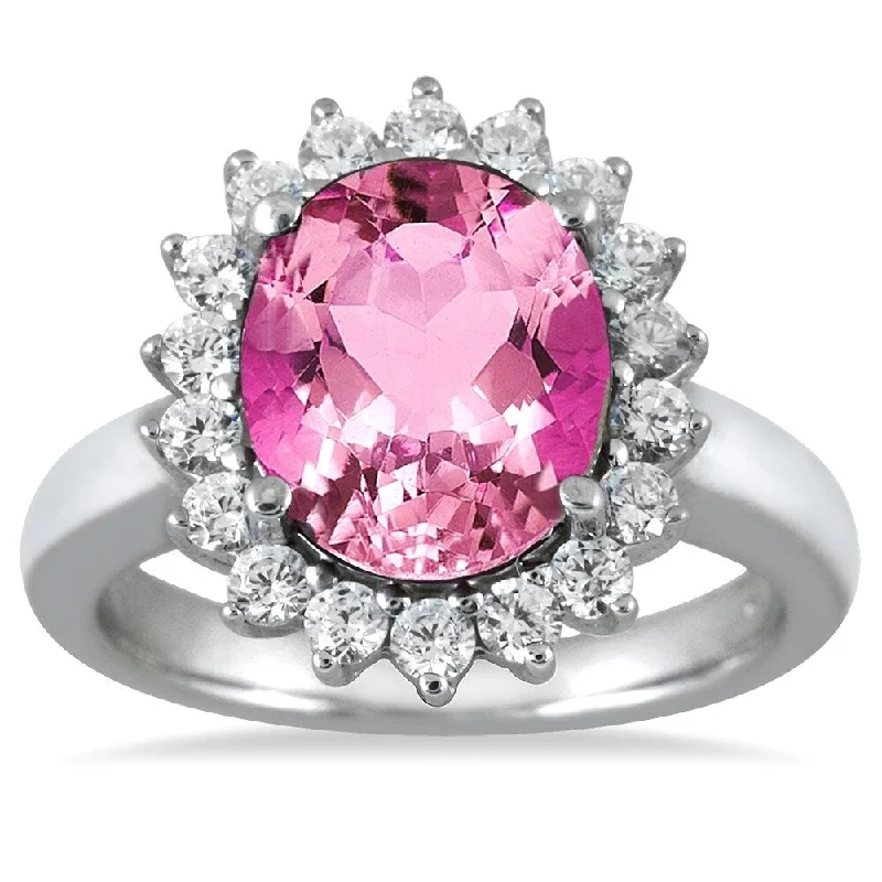 bold hexagonal opal ring-14K White Gold 4 Carat Pink Topaz and Diamond Ring in 14K White Gold