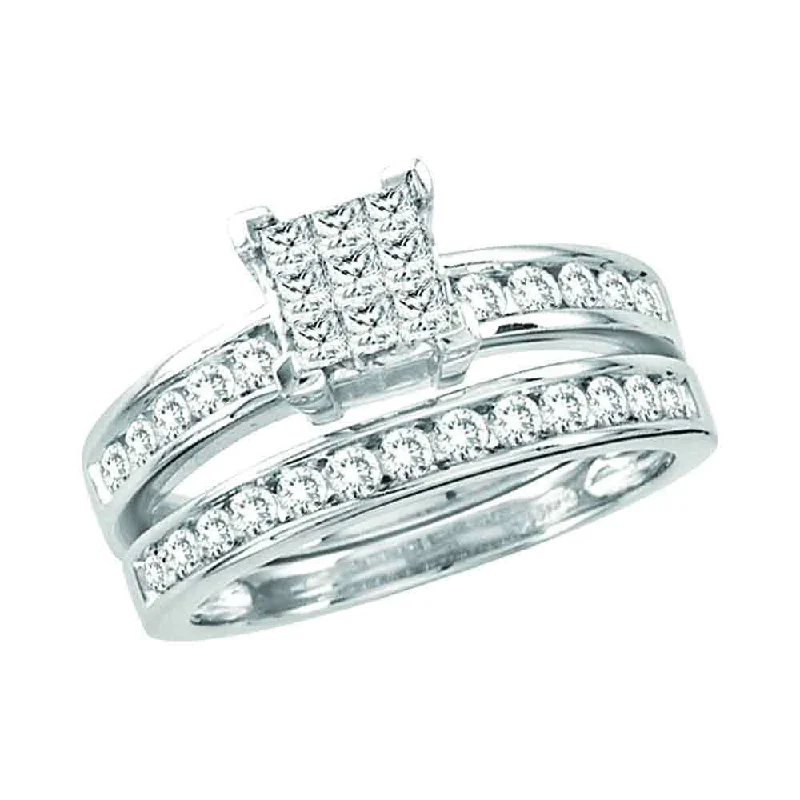 adjustable summit crest ring-14kt White Gold Princess Diamond Cluster Bridal Wedding Ring Band Set 1 Cttw