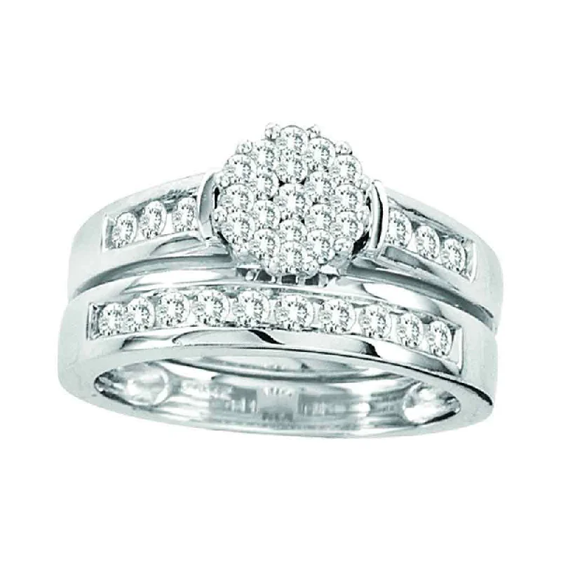 modern sculpted band ring-14kt White Gold Round Diamond Cluster Bridal Wedding Ring Band Set 3/4 Cttw