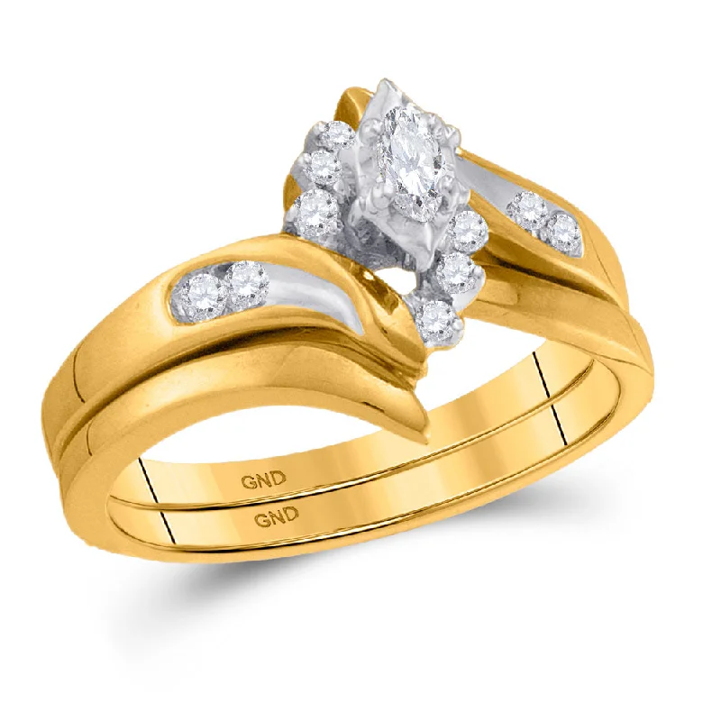 modern tiered emerald ring-14kt Yellow Gold Marquise Diamond Bridal Wedding Ring Band Set 1/5 Cttw