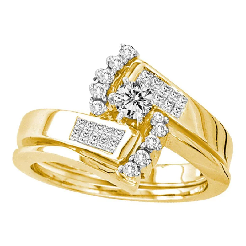 bohemian summit crest ring-14kt Yellow Gold Round Diamond Bridal Wedding Ring Band Set 1/2 Cttw