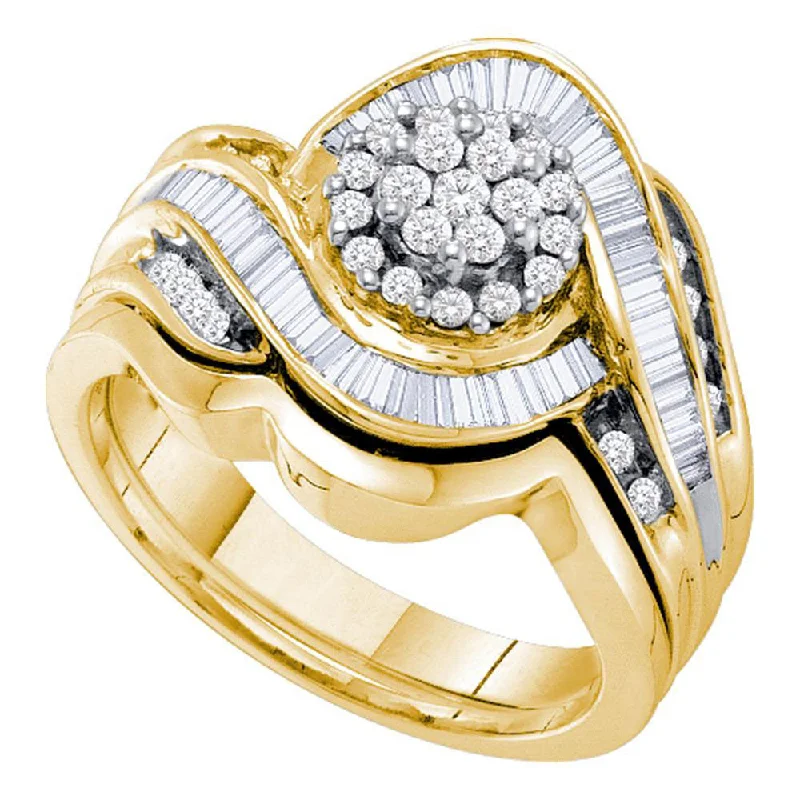 modern sleek crest ridge ring-14kt Yellow Gold Round Diamond Cluster Bridal Wedding Ring Band Set 3/4 Cttw