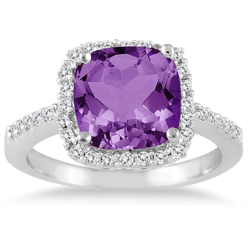 polished gold arc ring-2 1/2 Carat Cushion Cut Amethyst and Diamond Ring 14K White Gold