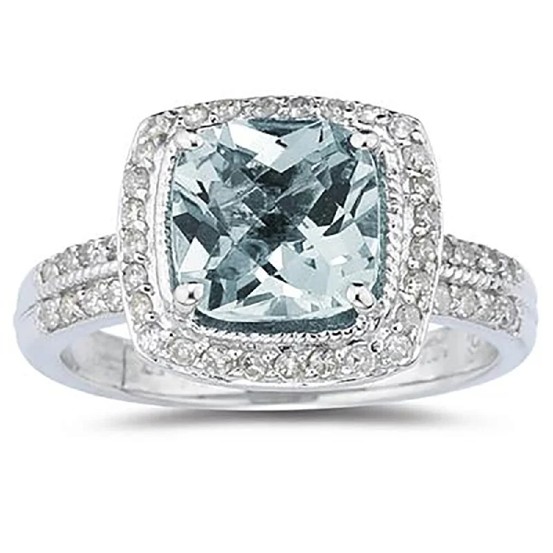 inscribed forever ring-2 1/2 Carat Cushion Cut Aquamarine & Diamond Ring in 14K White Gold