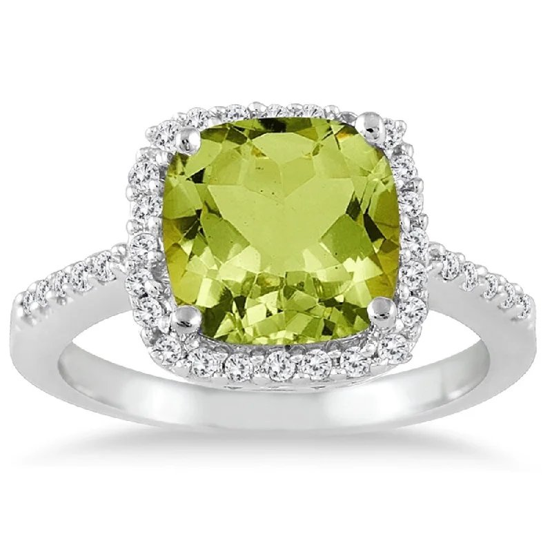 bohemian crest peak ring-2 1/2 Carat Cushion Cut Peridot and Diamond Ring 14K White Gold