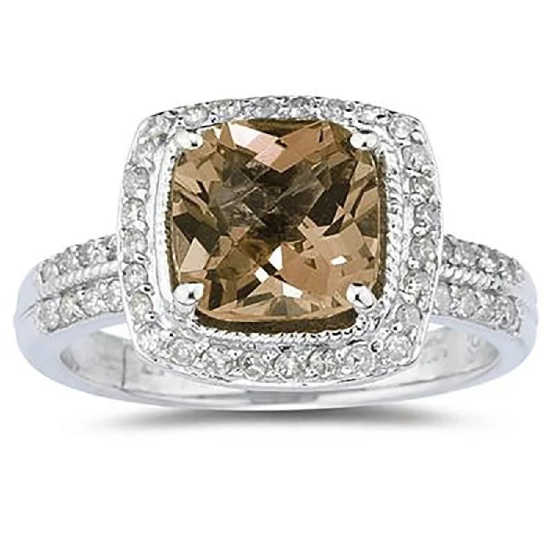 bohemian crest peak ring-2 1/2 Carat Cushion Cut Smokey Quartz & Diamond Ring in 14K White Gold