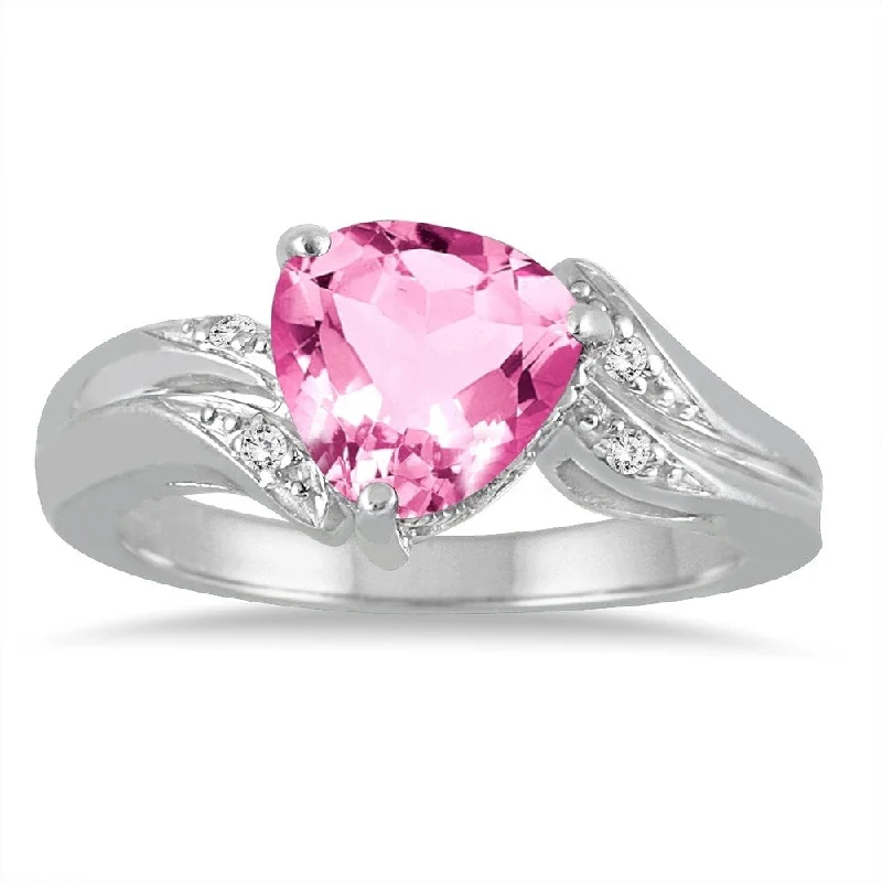 vintage-inspired ruby ring-2 1/4 Carat Trillion Cut Pink Topaz and Diamond Ring in 10K White Gold