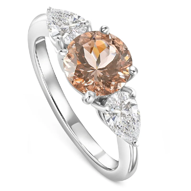 vivid moonstone stack ring-2.75Ct Morganite & Pear Shape 3-Stone Diamond Engagement Ring 14k Gold Lab Grown