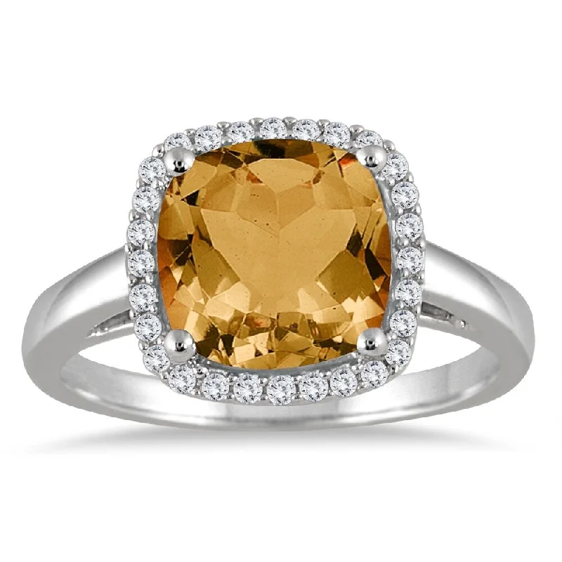 modern contoured band ring-2.80 Carat Cushion Cut Citrine and Diamond Halo Ring in 10K White Gold