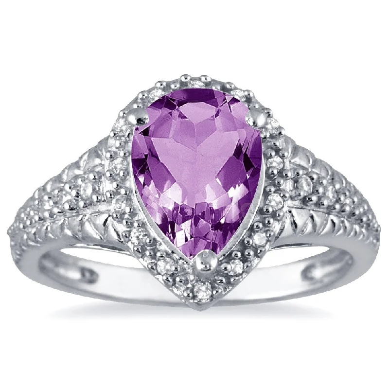 inscribed legacy ring-2 Carat Pear Shaped Amethyst and Diamond Ring in 10K White Gold