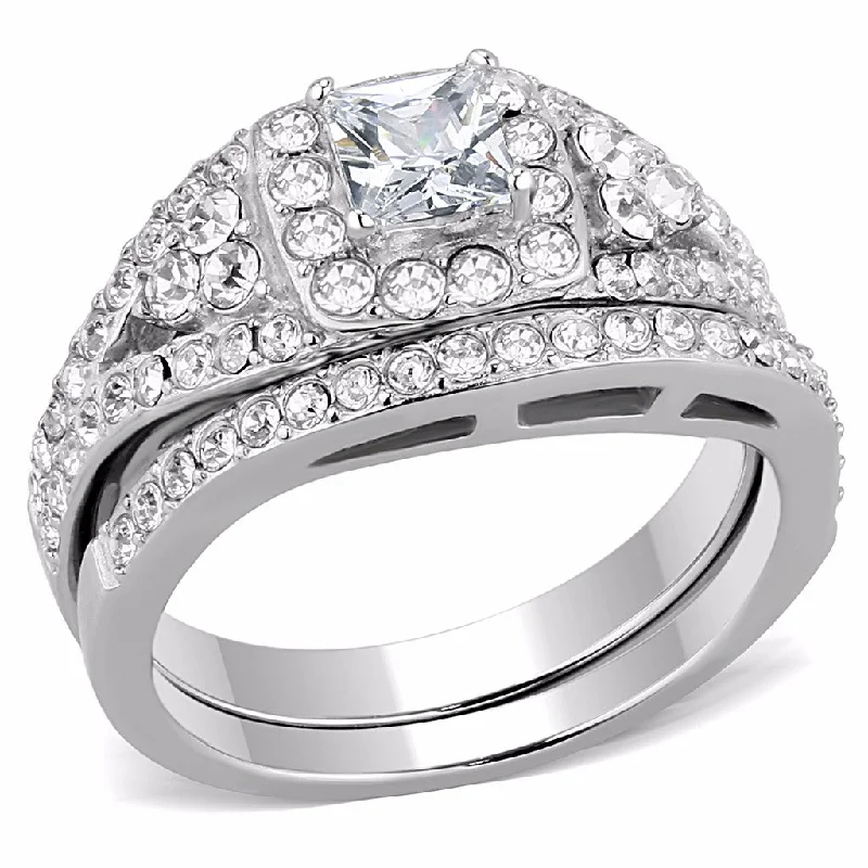 adjustable cedar crest ring-2 PCS Princess CZ Center Top Grade Crystal Surround Stainless Steel Ring Set