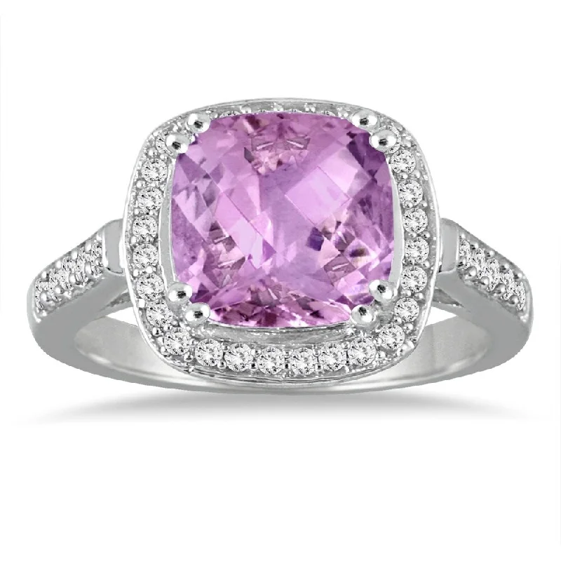 floral-inspired aventurine ring-3 1/2 Carat Cushion Cut Amethyst and Diamond Ring in 14K White Gold