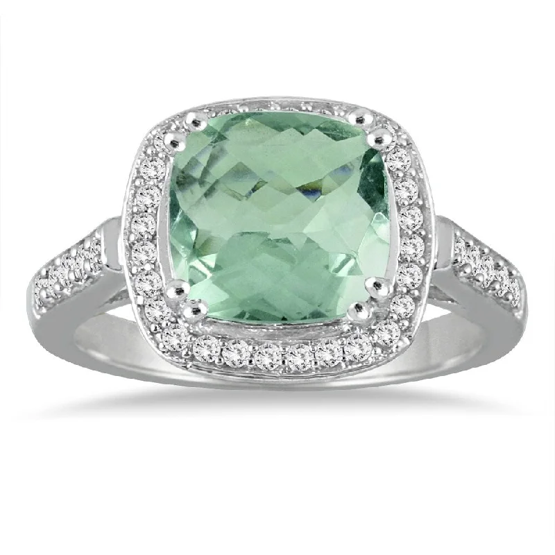 boho-inspired agate ring-3 1/2 Carat Cushion Cut Green Amethyst and Diamond Ring in 14K White Gold