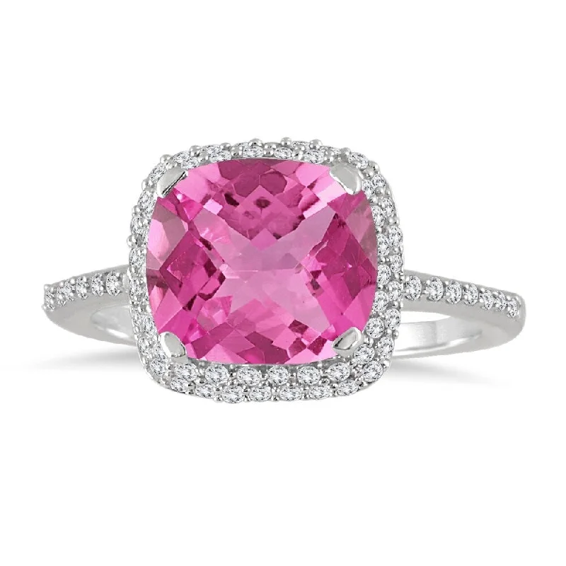 elegant filigree turquoise ring-3 1/2 Carat Cushion Cut Pink Topaz and Diamond Halo Ring in 10K White Gold