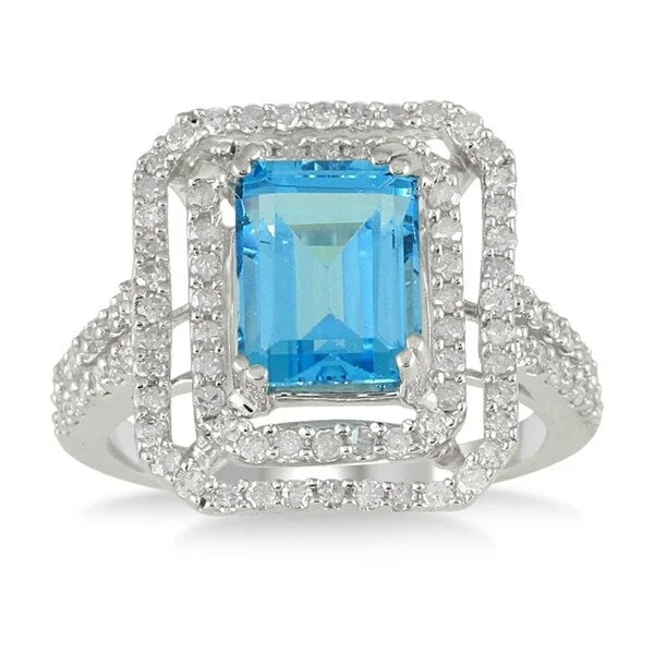 distressed gold stack ring-3.70 Carat Emerald Cut Blue Topaz and Diamond in 10K White Gold