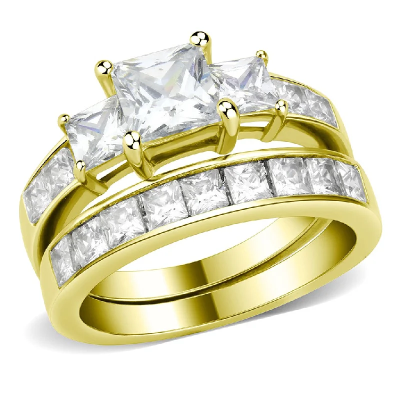 nature-themed crest ridge ring-3 Stone Type 6mm Princess CZ 14K Gold Stainless Steel Wedding Ring Set