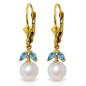 modern sculpted drop earrings-4.4 Carat 14K Solid Yellow Gold White Surf Blue Topaz Pearl Earrings