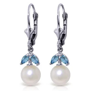 floral inset diamond earrings-4.4 Carat 14K Whte Gold Responsive Pearl Blue Topaz Earrings