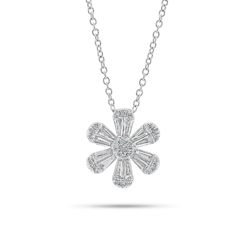 rustic tin chain necklace-Round & Baguette Diamond Flower Pendant