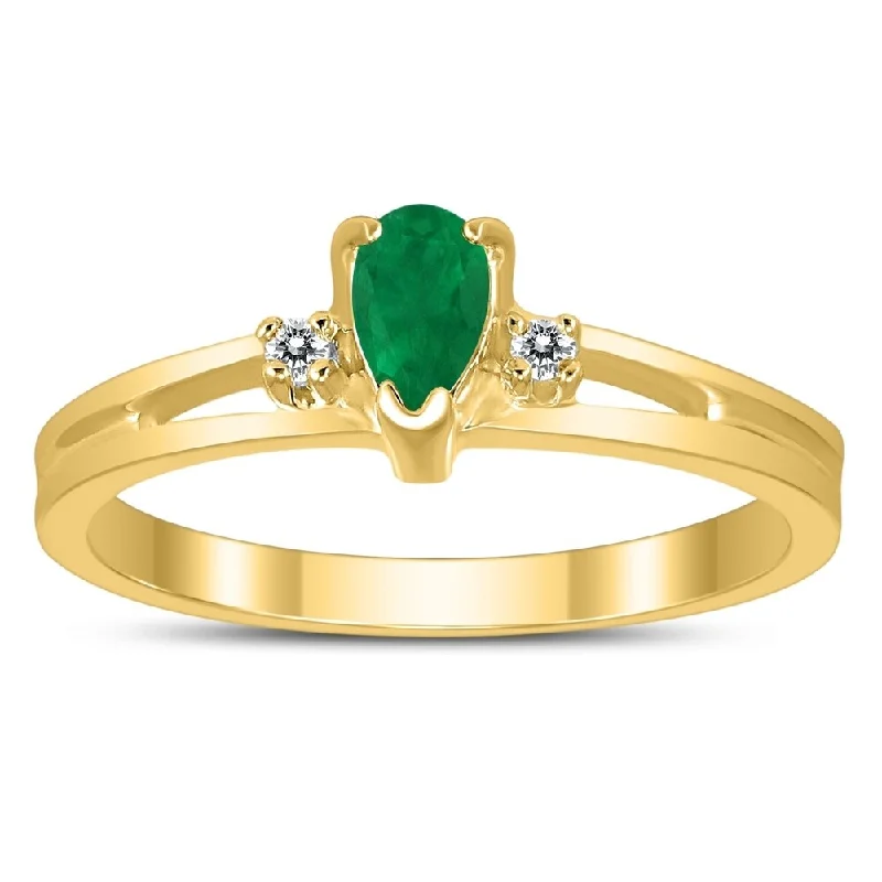 vintage-inspired malachite ring-5X3MM Emerald and Diamond Pear Shaped Open Three Stone Ring in 10K Yellow Gold