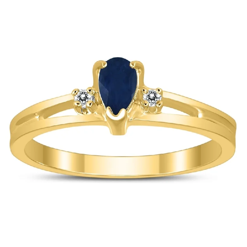 artisan-crafted silver ring-5X3MM Sapphire and Diamond Pear Shaped Open Three Stone Ring in 10K Yellow Gold