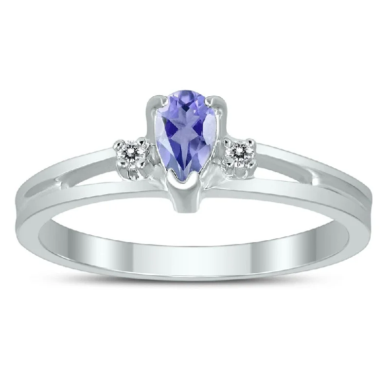 vivid moonstone stack ring-5X3MM Tanzanite and Diamond Pear Shaped Open Three Stone Ring in 10K White Gold