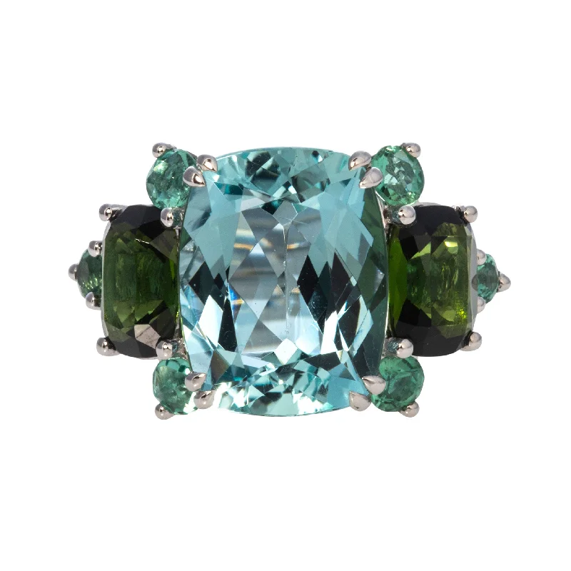 bold ruby peak ridge ring-6.5ctw Aquamarine & 3ctw Green Tourmaline 14K White Gold Ring