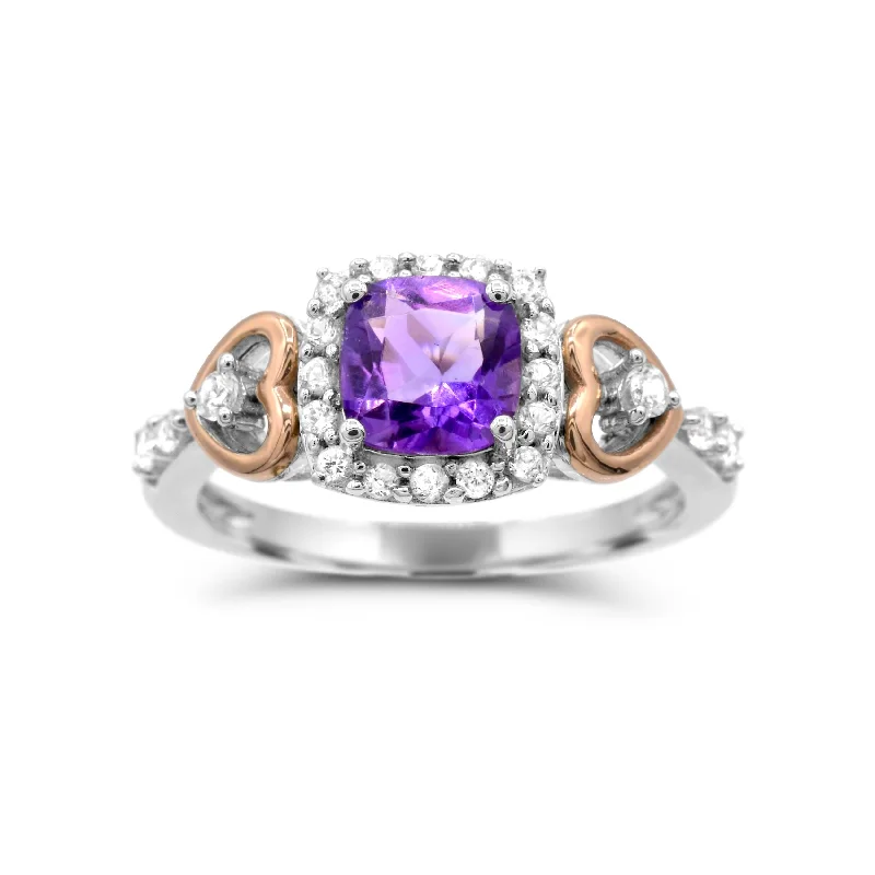 adjustable cedar crest ring-6MM Cushion Amethyst and White Sapphire Heart Eternal Romance Ring in Sterling Silver