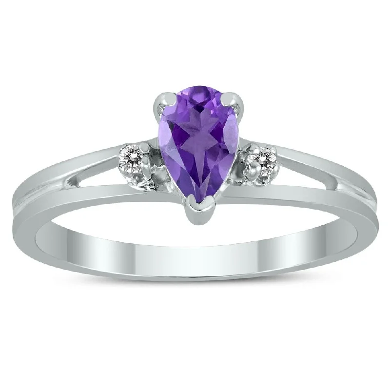 bohemian summit crest ring-6X4MM Amethyst and Diamond Pear Shaped Open Three Stone Ring in 10K White Gold