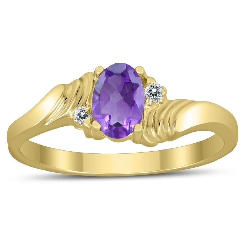 minimalist curve peak ring-6X4MM Amethyst and Diamond Wave Ring in 10K Yellow Gold