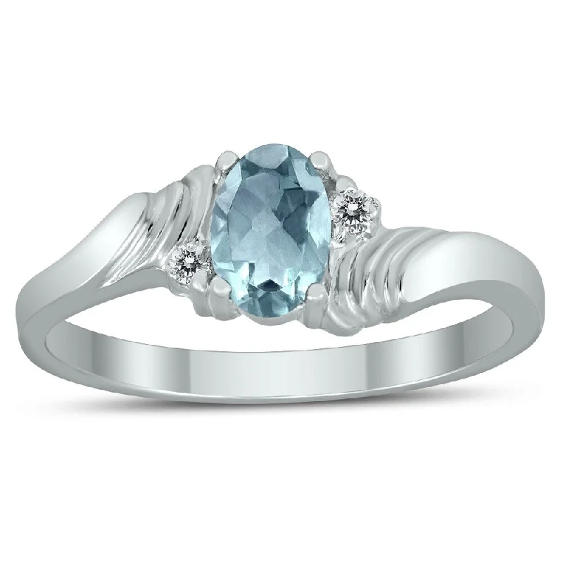 bold emerald peak ridge ring-6X4MM Aquamarine and Diamond Wave Ring in 10K White Gold