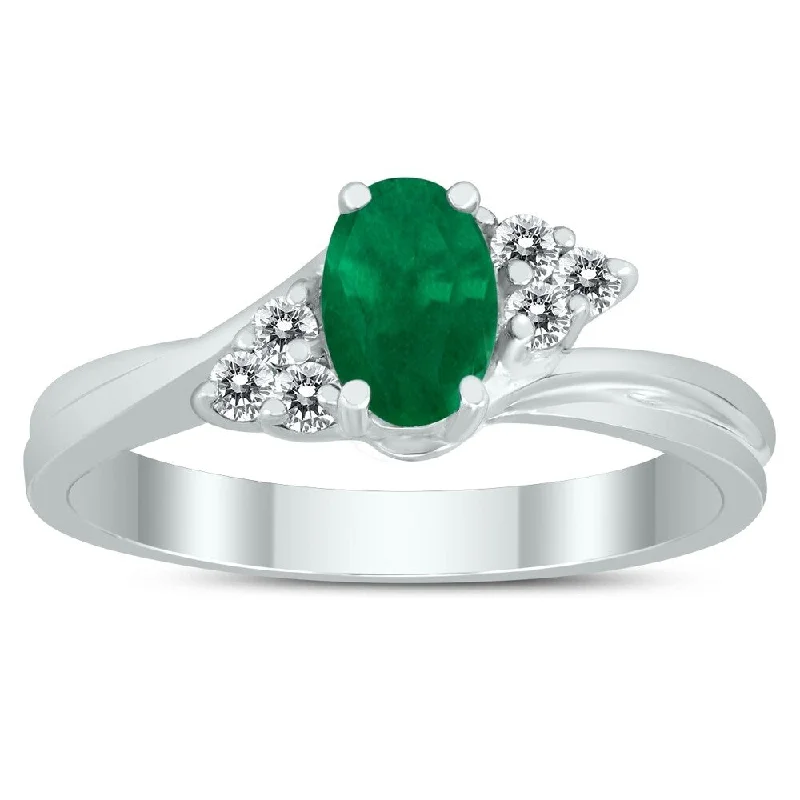 raw agate accent ring-6X4MM Emerald and Diamond Twist Ring in 10K White Gold