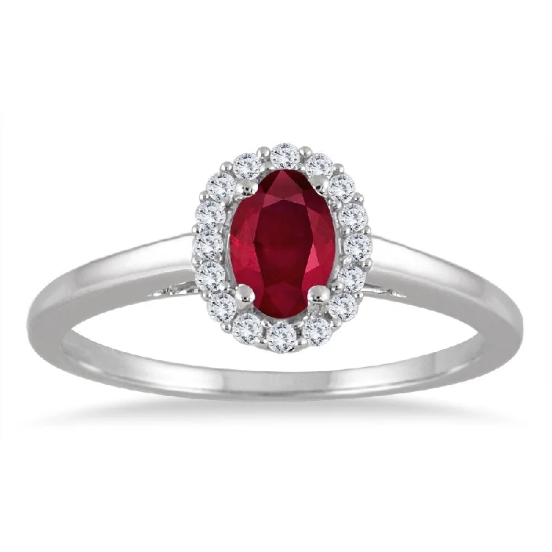 bold topaz peak ridge ring-6x4MM Oval Shape Ruby and Diamond Halo Ring in 10K White Gold