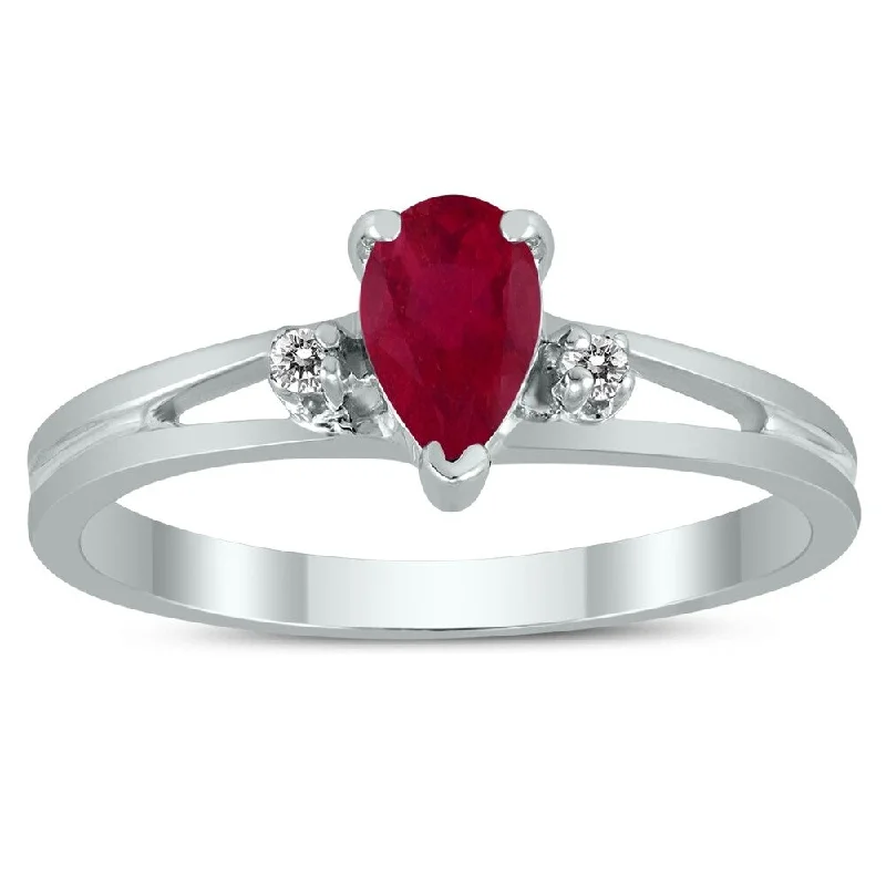 rustic tin band ring-6X4MM Ruby and Diamond Pear Shaped Open Three Stone Ring in 10K White Gold