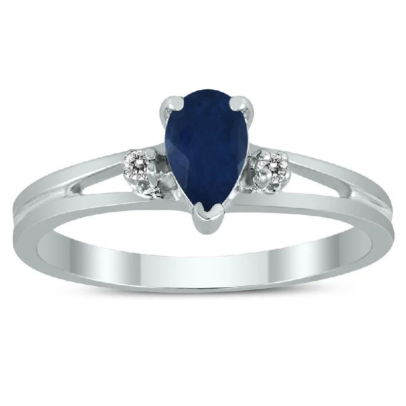 adjustable cedar ridge ring-6X4MM Sapphire and Diamond Pear Shaped Open Three Stone Ring in 10K White Gold