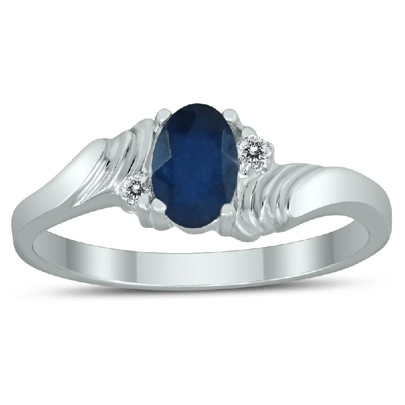 modern sleek crest ridge ring-6X4MM Sapphire and Diamond Wave Ring in 10K White Gold