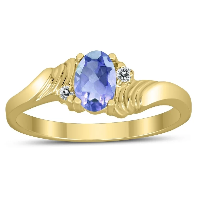 inscribed lineage ring-6X4MM Tanzanite and Diamond Wave Ring in 10K Yellow Gold