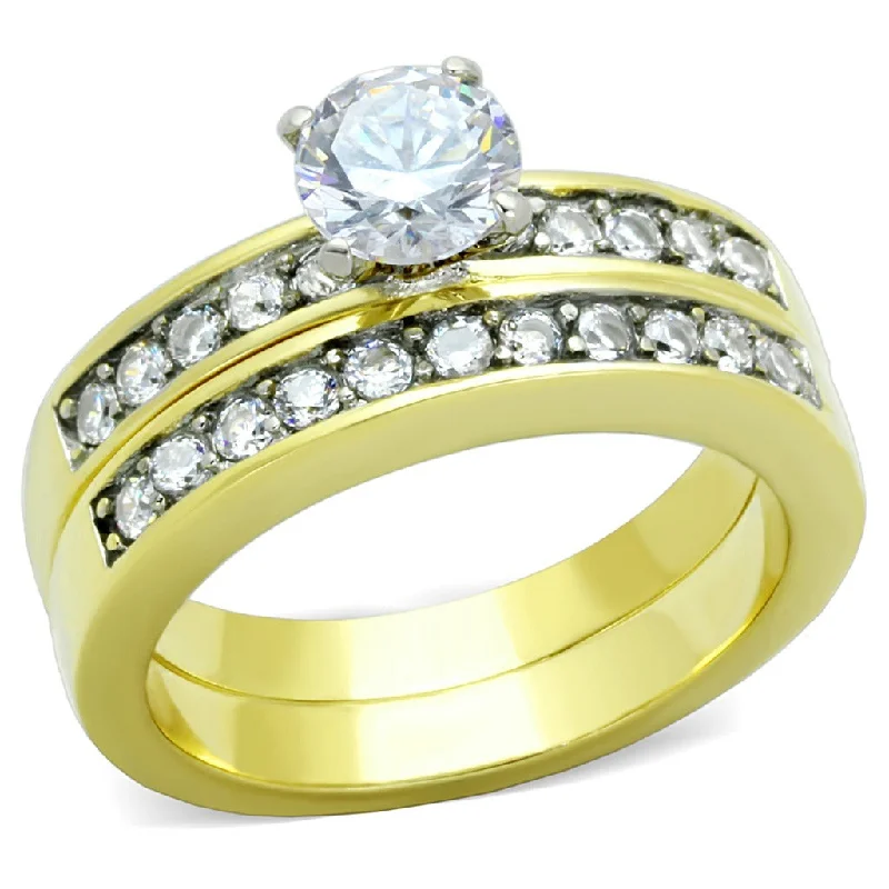 dazzling trillion-cut diamond ring-6x6mm Round Cut CZ Gold IP Stainless Steel Wedding Ring Set