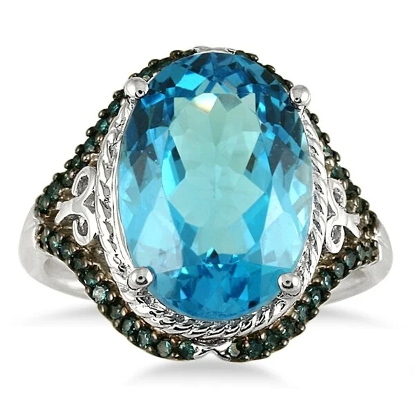 inscribed legacy ring-7 1/2 Carat Oval Blue Topaz and Blue Diamond Ring in 10K White Gold