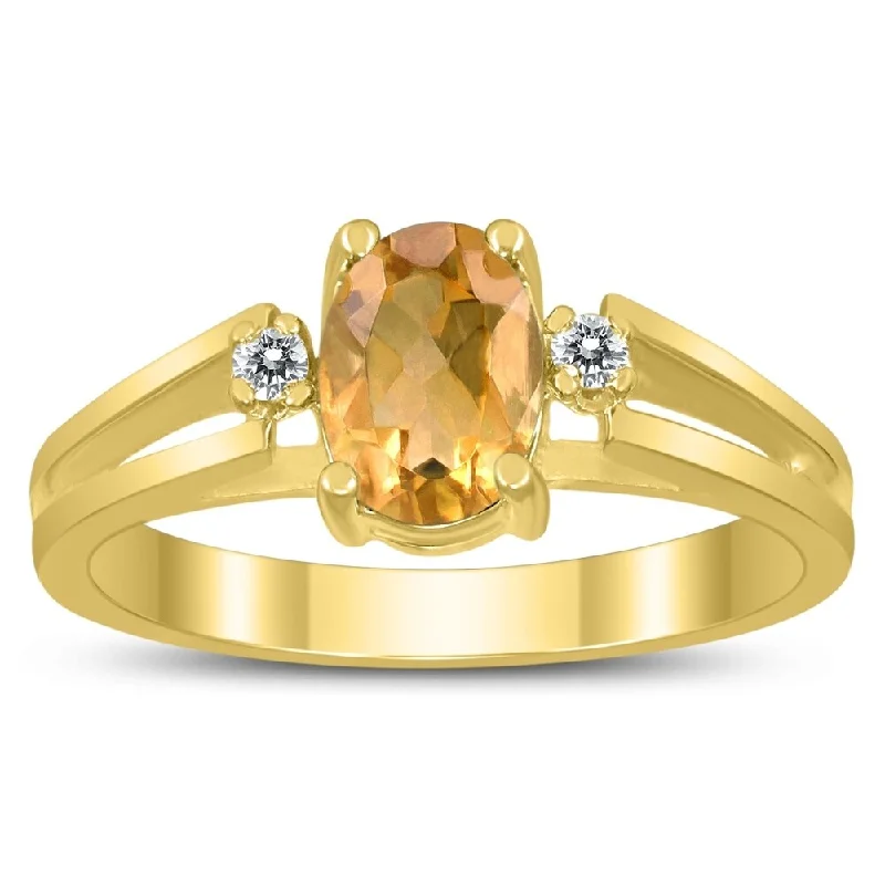 vintage-style turquoise ring-7X5MM Citrine and Diamond Open Three Stone Ring in 10K Yellow Gold