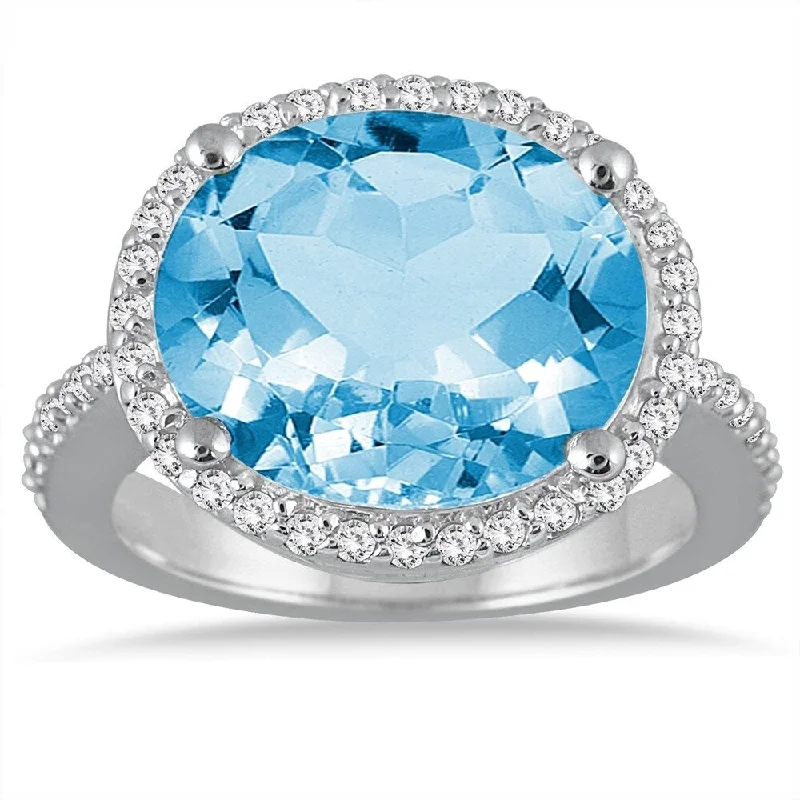 vintage-inspired sunstone ring-8 Carat Oval Blue Topaz and Diamond Ring in 14K White Gold