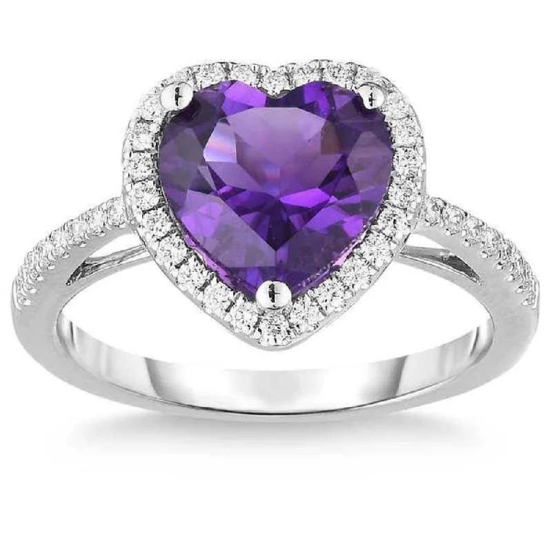 nature-themed cedar ring-8mm Heart Amethyst & Diamond Ring in 14k White Gold