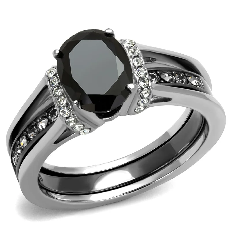 distressed rose stack ring-8x6mm Black Oval Cut CZ Two-Tone IP Light Black Stainless Steel Ring Set