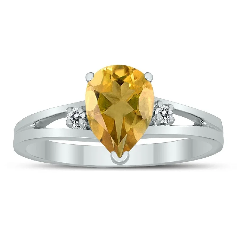 modern contoured band ring-8X6MM Citrine and Diamond Pear Shaped Open Three Stone Ring in 10K White Gold