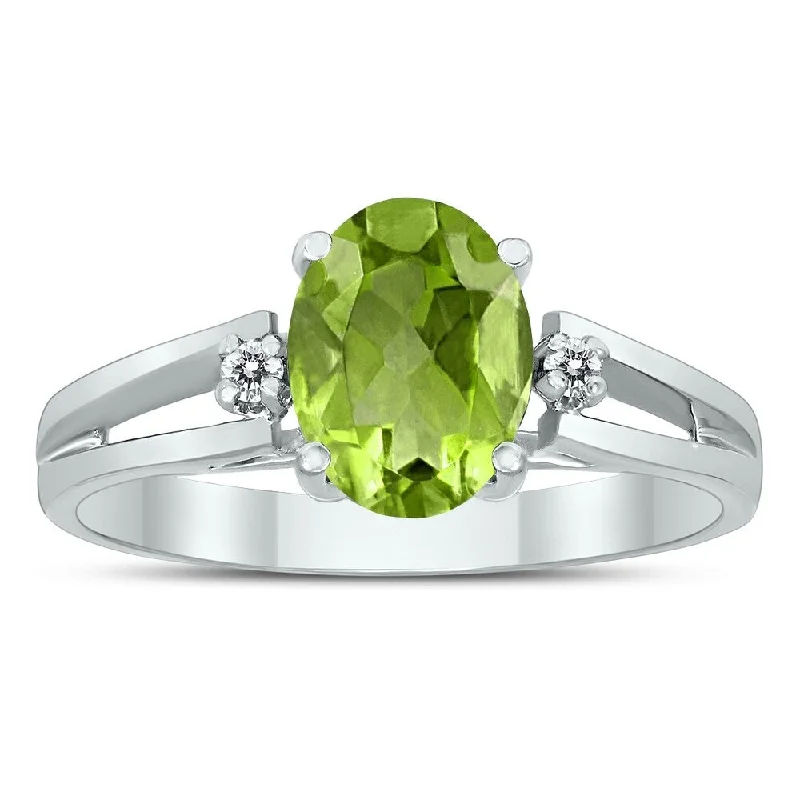 polished silver arc ring-8X6MM Peridot and Diamond Open Three Stone Ring in 10K White Gold