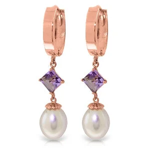 adjustable ridge peak earrings-9.5 Carat 14K Solid Rose Gold Hoop Earrings Natural Pearl Amethyst